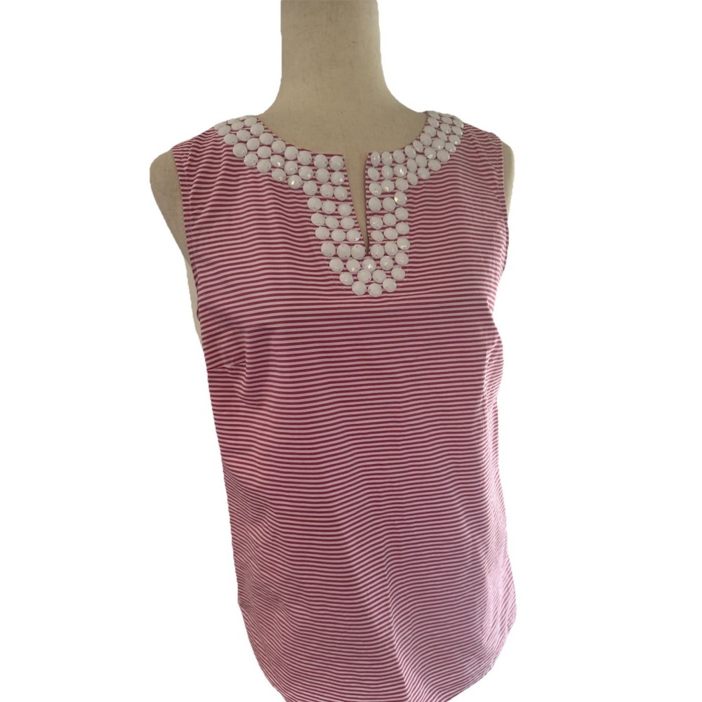 Talbots Pink‎ Tank Top Beaded Striped Cotton Summer Beach Travel Cruise 4 Small